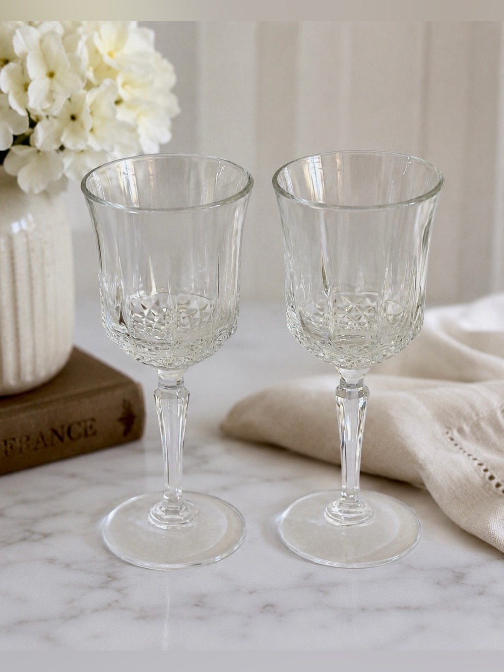 Vintage Clear Stemmed Wine Goblets Pair 7” Elegant Paneled Glass Barware